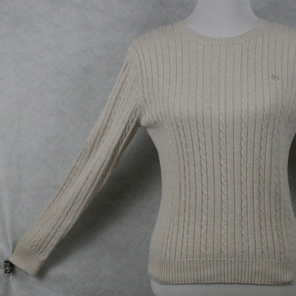IZOD Light Cream Cotton Medium Knit Cable Sweater SZ M EUC - Picture 3 of 9